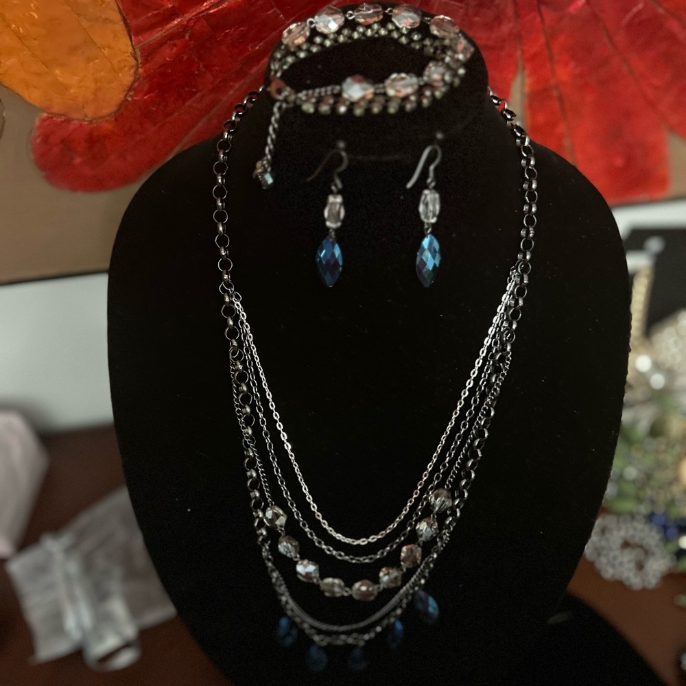 Custom handmade necklace, bracelet and earrings set.  Blue, pale gray beading.